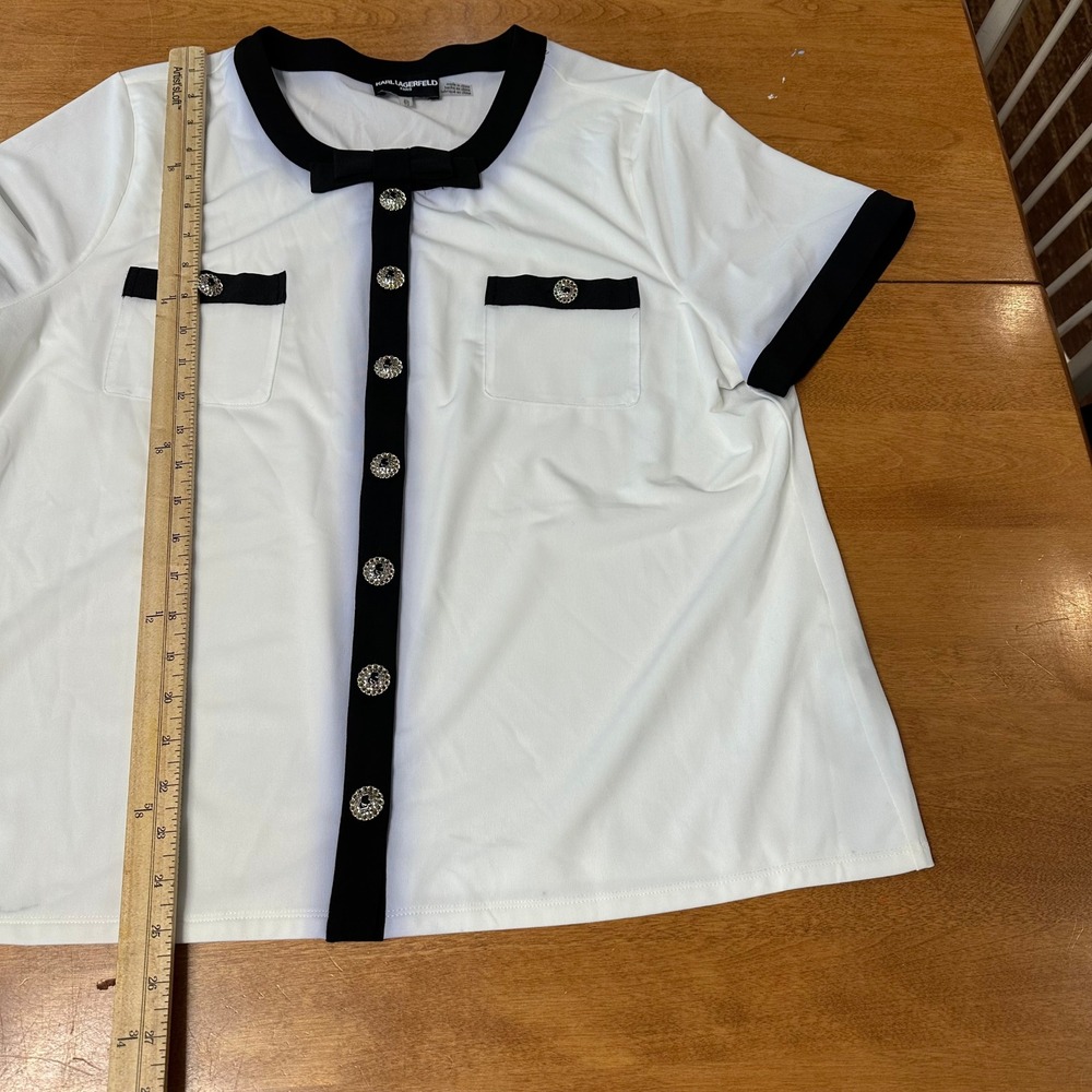 Karl Lagerfeld Paris Blouse Women's XL Black White‎ Button Embellished Old Money - Picture 5 of 11